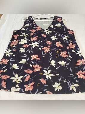 Floral V-Neck Sleeveless Blouse in charcoal gray with Pink & Cream Flowers